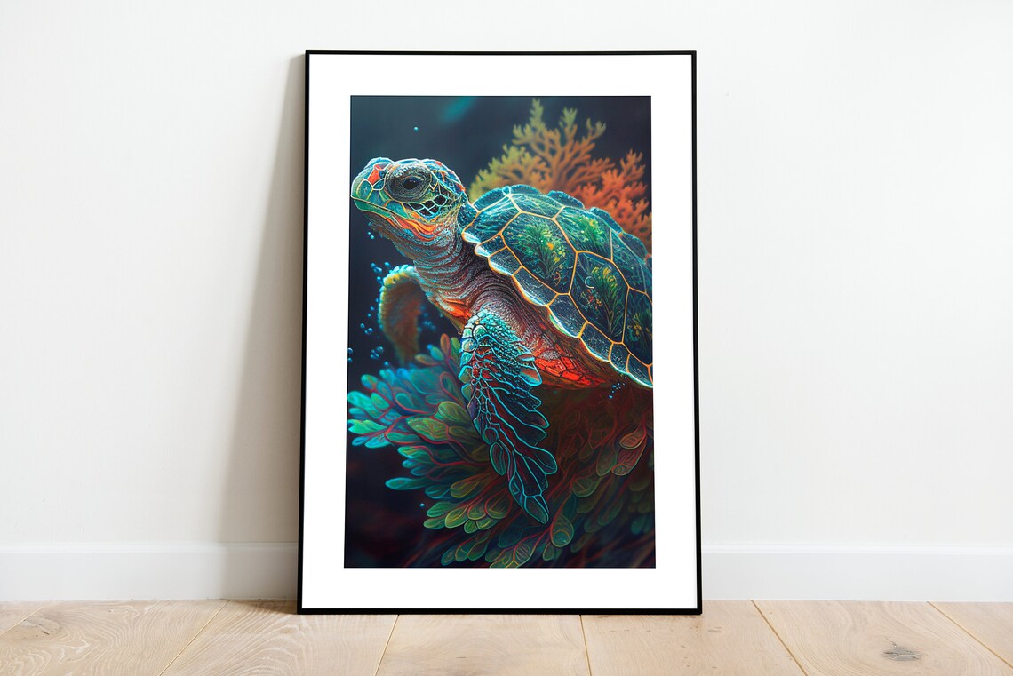 Colorful Sea Turtle Swimming Among Coral Reef Digital Art Poster