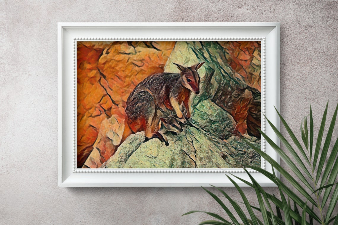 Rock Wallaby Mother with Joey on Rocks Low Poly Wildlife Poster