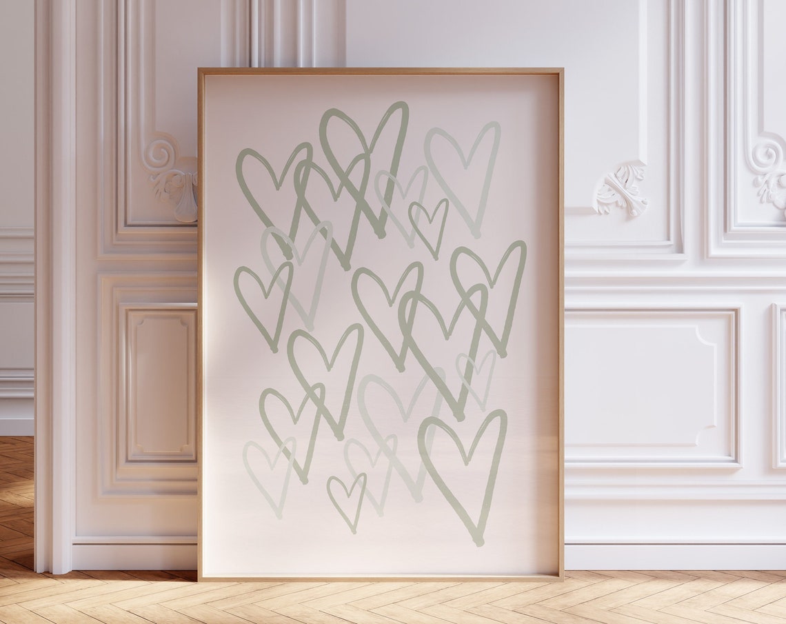 Sage Green Hand Drawn Hearts Scattered Love Minimalist Poster