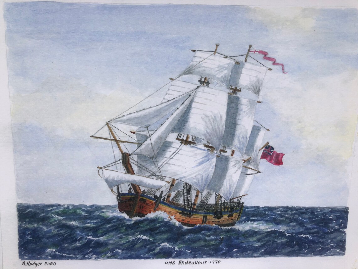 HMS Endeavour 1770 Tall Ship Under Full Sail Watercolor Poster