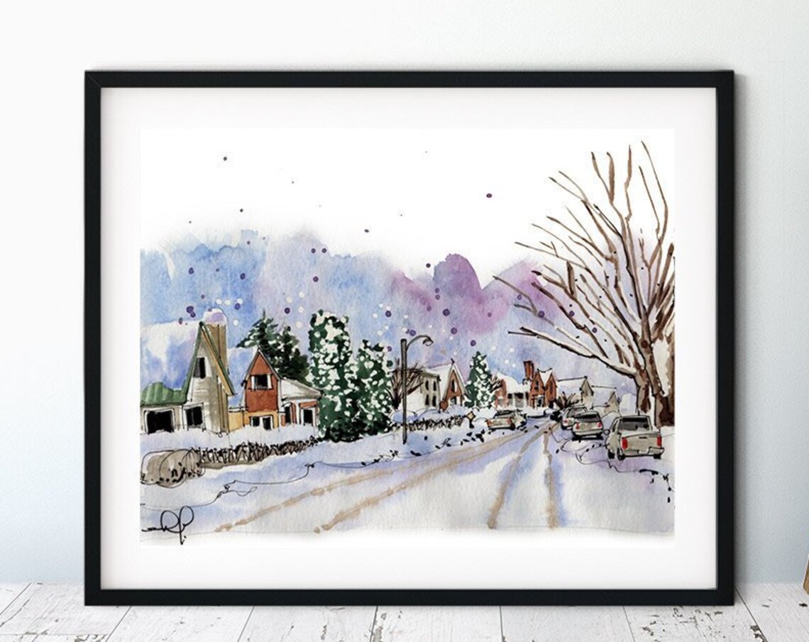 Snowy Small Town Winter Street Watercolor Neighborhood Scene Poster