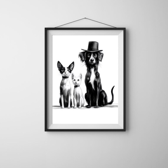 Victorian Dog and Cats Portrait Top Hat Black White Wall Art