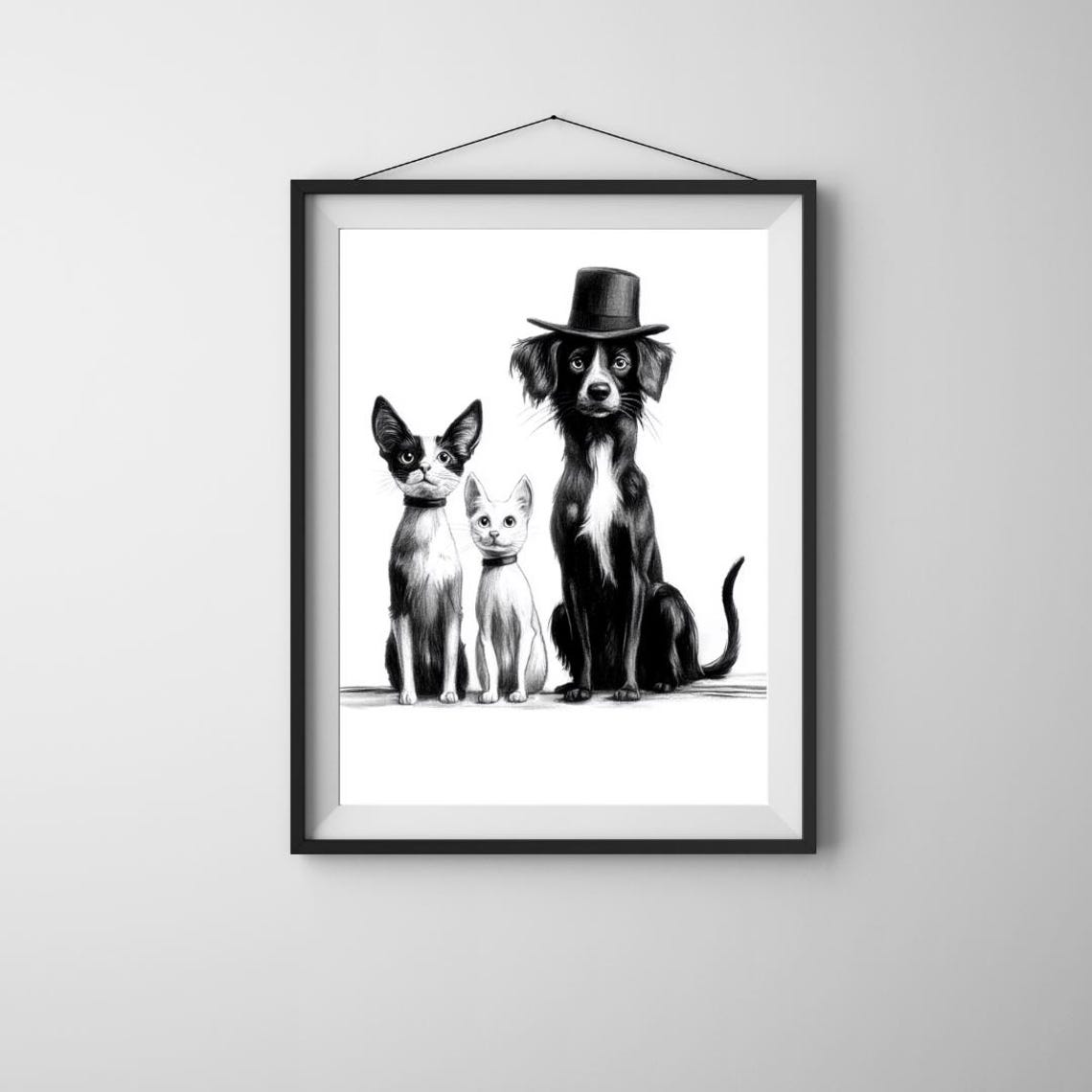 Victorian Dog and Cats Portrait Top Hat Black White Wall Art