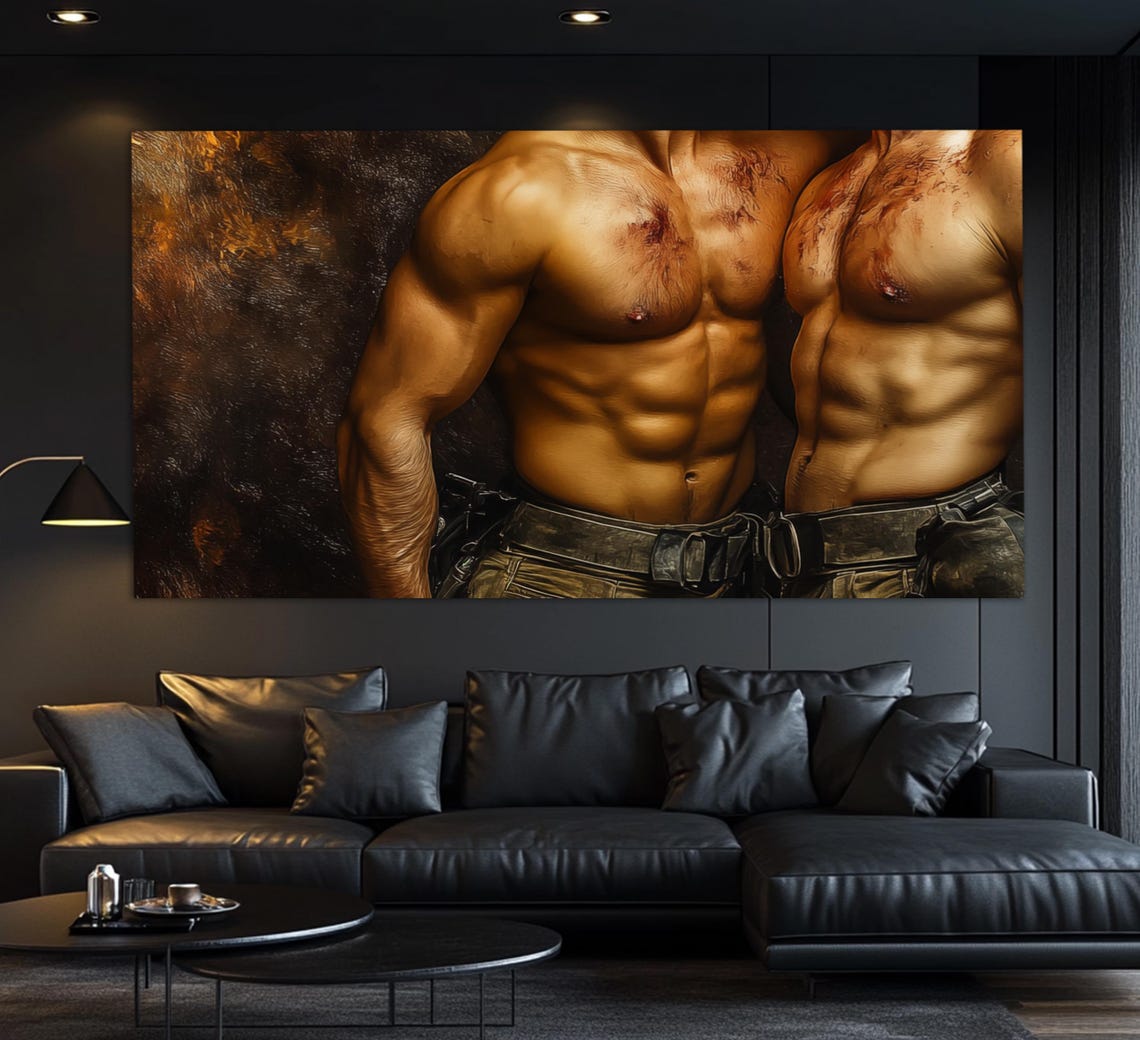 Muscular Men Embracing Gay Love Pride Romantic Painting Bedroom Poster