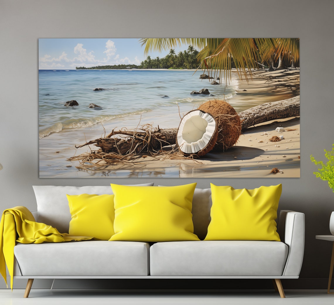 Split Coconut on Tropical Beach Palm Trees Ocean View Travel Poster - Image 4