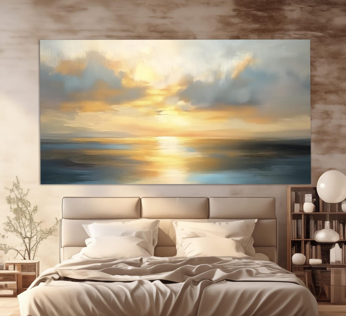 Golden Ocean Sunset Calm Sea Reflections Oil Painting Travel Poster