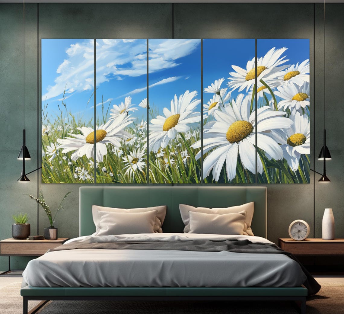 White Daisy Field Meadow Under Blue Sky Bloom Triptych Wall Art - Image 3