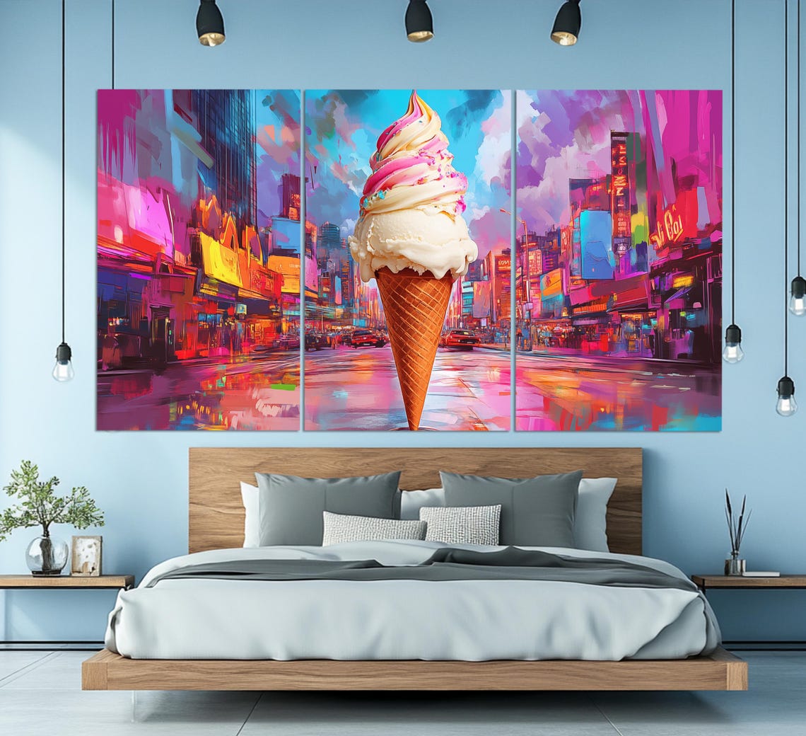 Giant Ice Cream Cone Neon City Night Surreal Pop Art Style Fun Poster - Image 6