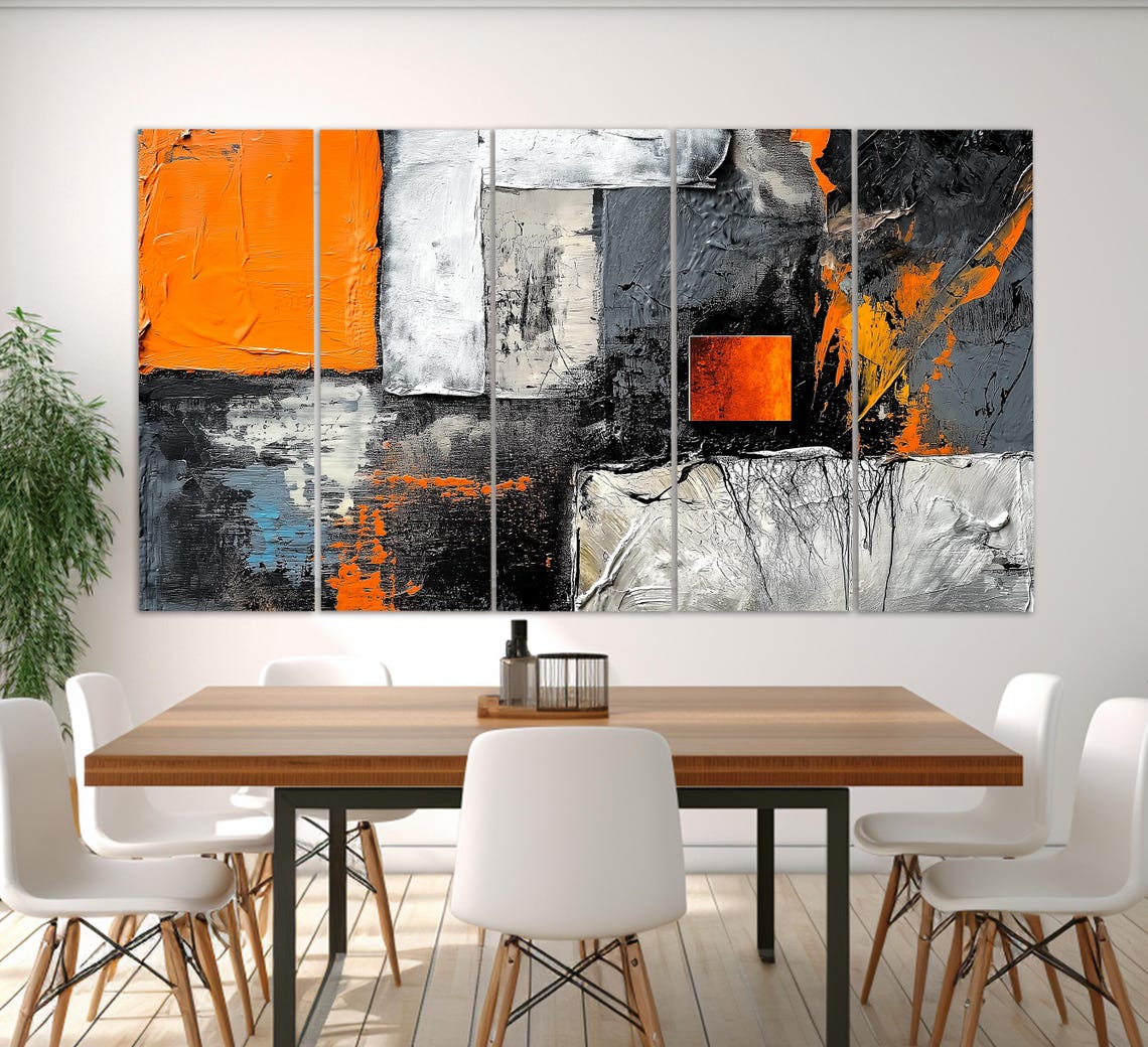 Abstract Orange Black White Geometric Textured Painting Wall Art Print - Image 2
