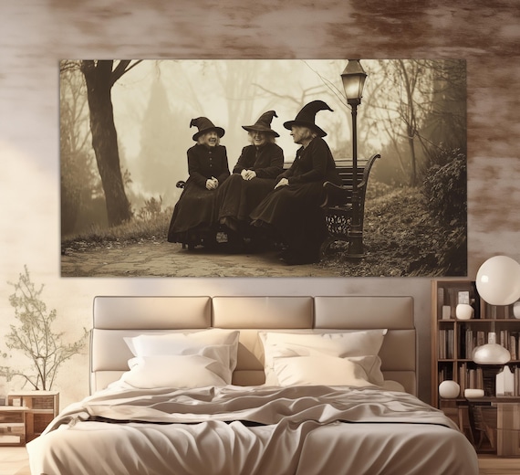 Old Witches On The Bench Print Dark Academia Painting Witch Wall Art Witches Painting Gothic Art Gothic Poster