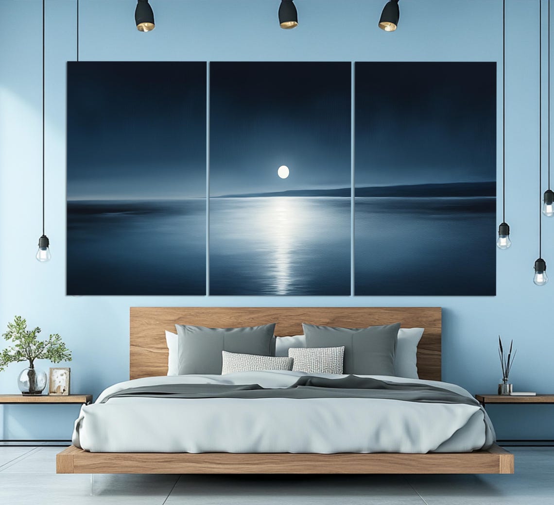 Minimalist Full Moon Over Dark Lake Moonlit Reflection Night Wall Art - Image 5