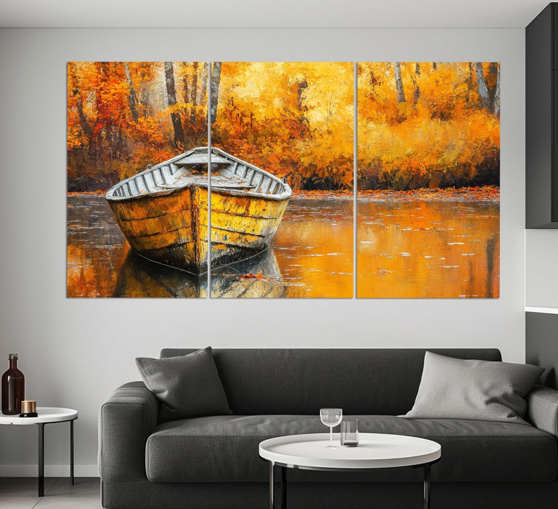 Old Fishing Boat In Autumn Lake Print In A Vintage Oil Painting Style Abstract Wooden Boat Wall Art Retro Nautical Poster - Image 3