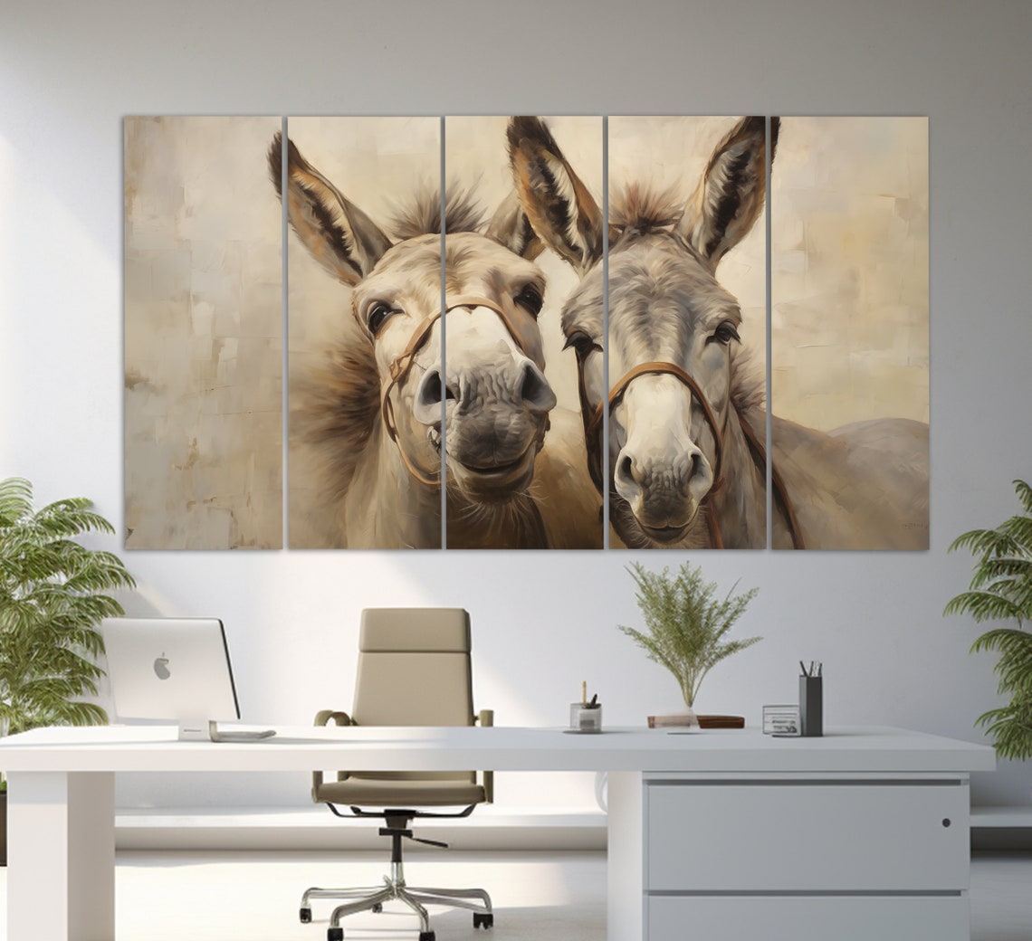 Two Cute Donkeys Close Up Portrait Painting Style Neutral Tones Poster - Image 4