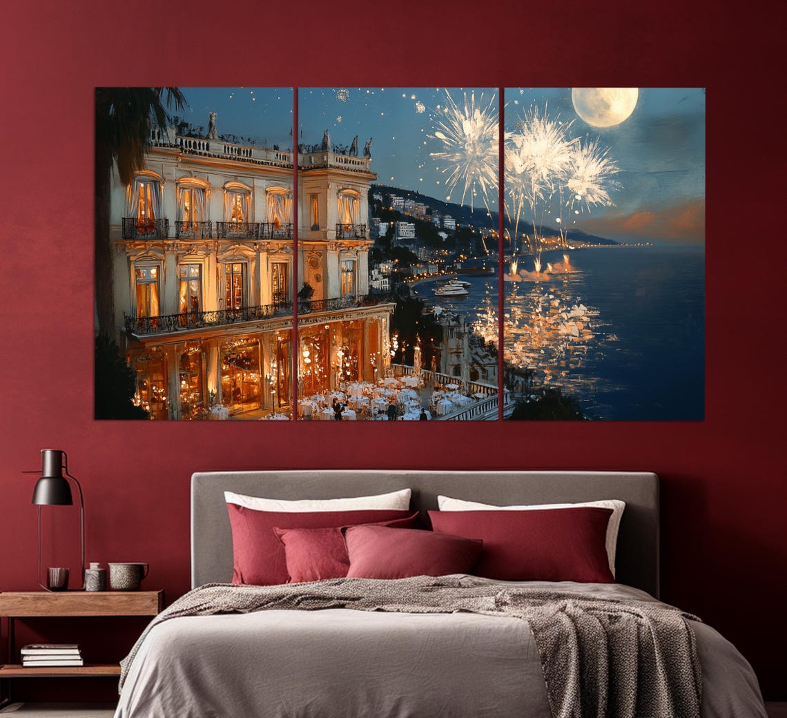 Nice French Riviera Waterfront Hotel Fireworks Moonlit Bay Poster - Image 6
