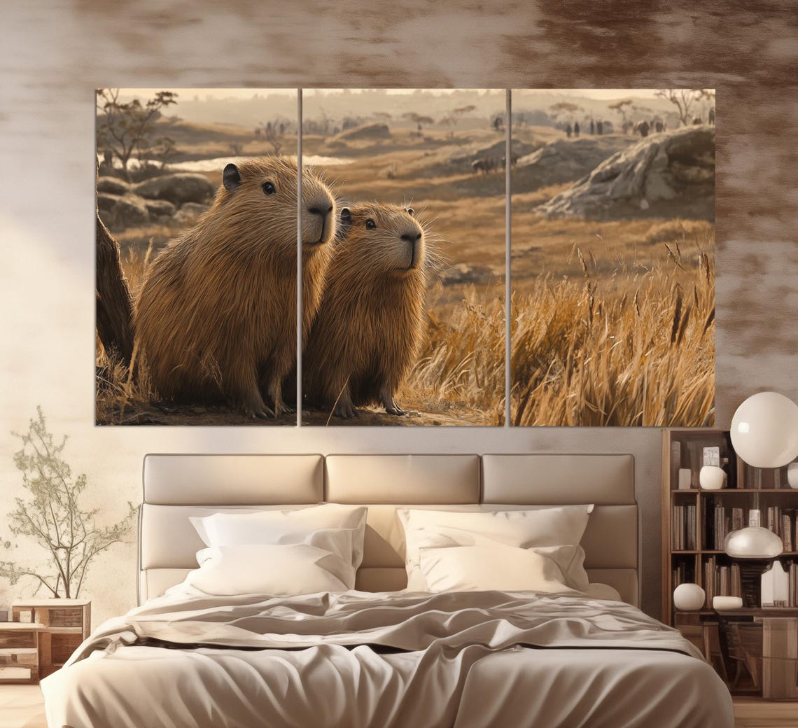 Capybara Couple in Golden Grassland Romantic Wildlife Art Poster - Image 3