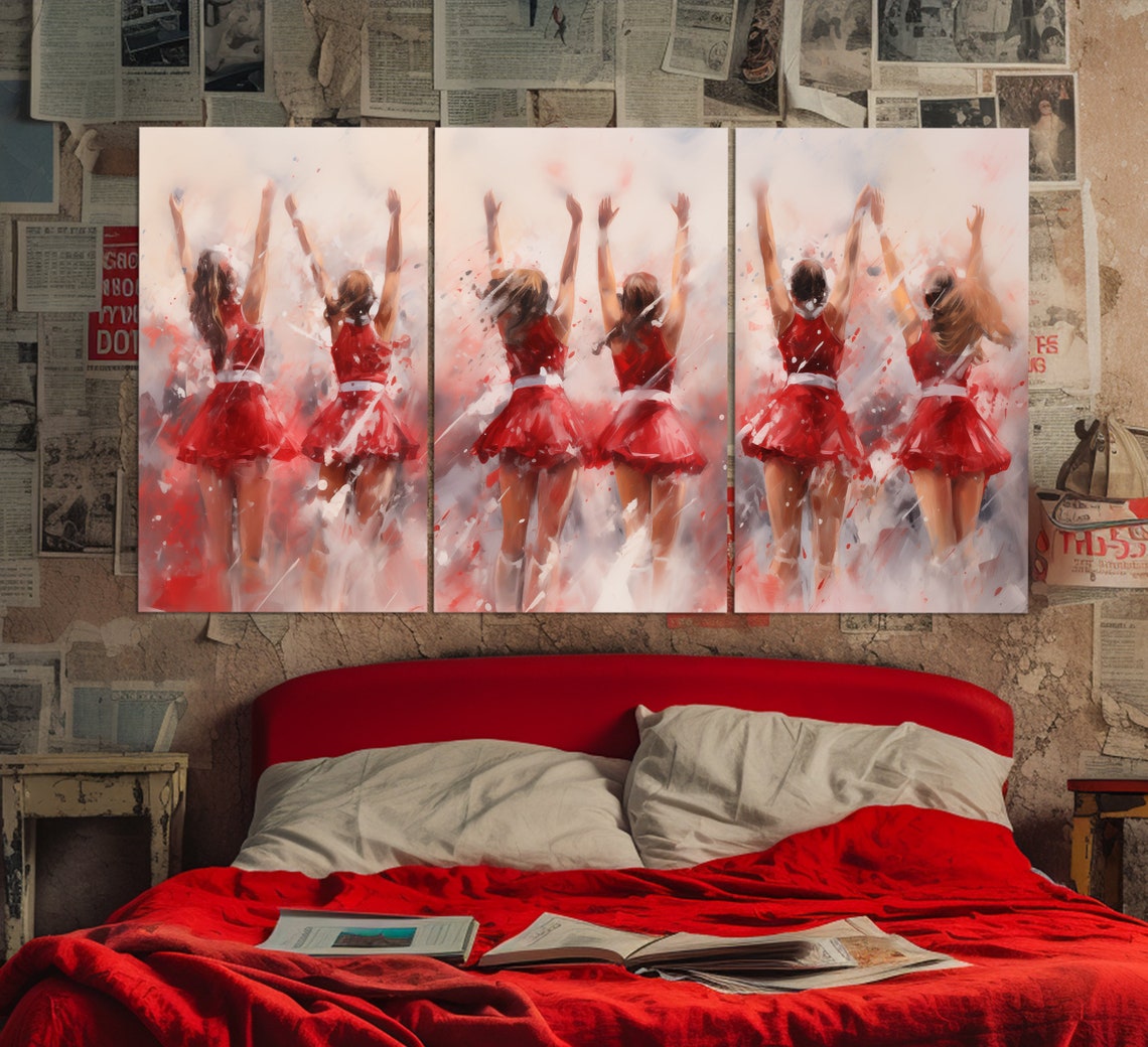 Cheerleaders Red Dresses Jumping Dance Team Spirit Vintage Poster