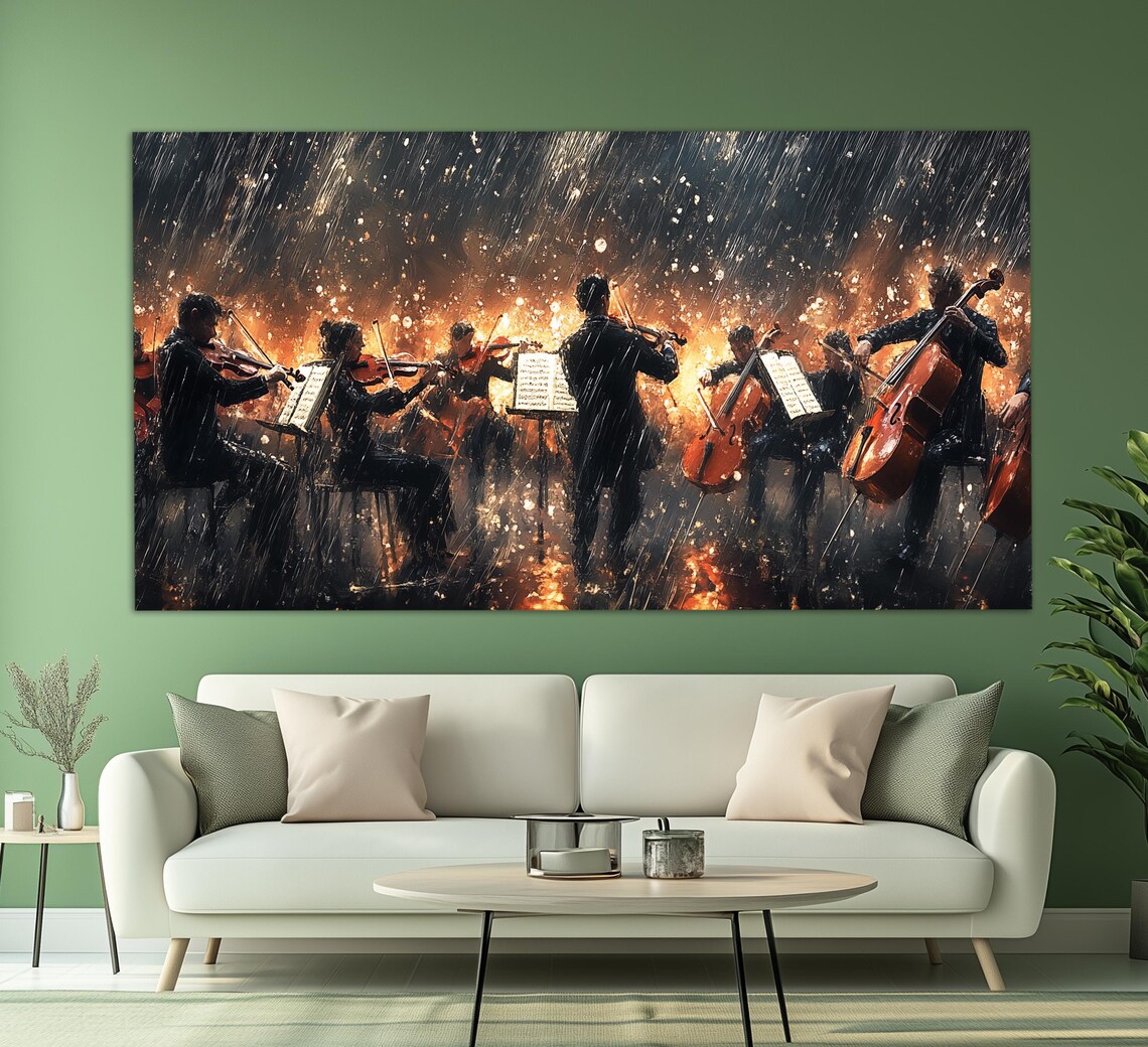Symphony Orchestra Playing In Rainy Night Glowing Embers Classical Music Poster - Image 3