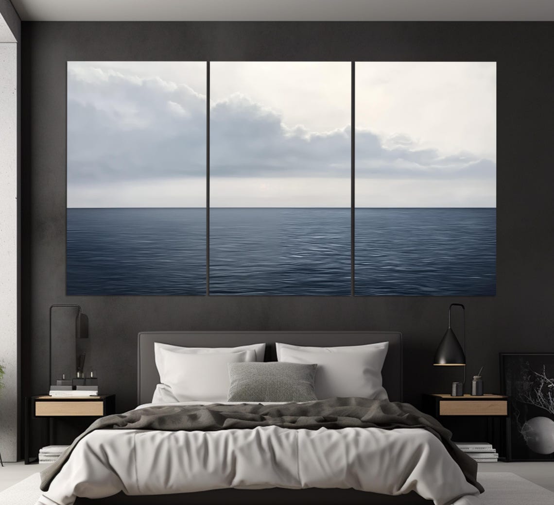 Minimalist Dark Blue Ocean Horizon Cloudy Sky Calm Seascape Poster - Image 5