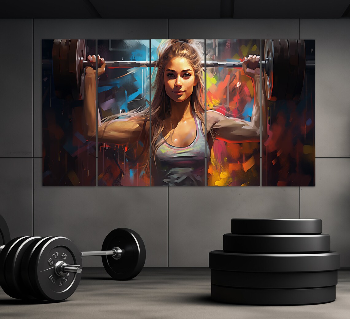 Woman Weightlifting Barbell Overhead Powerful Fitness Oil Painting Style Poster - Image 3