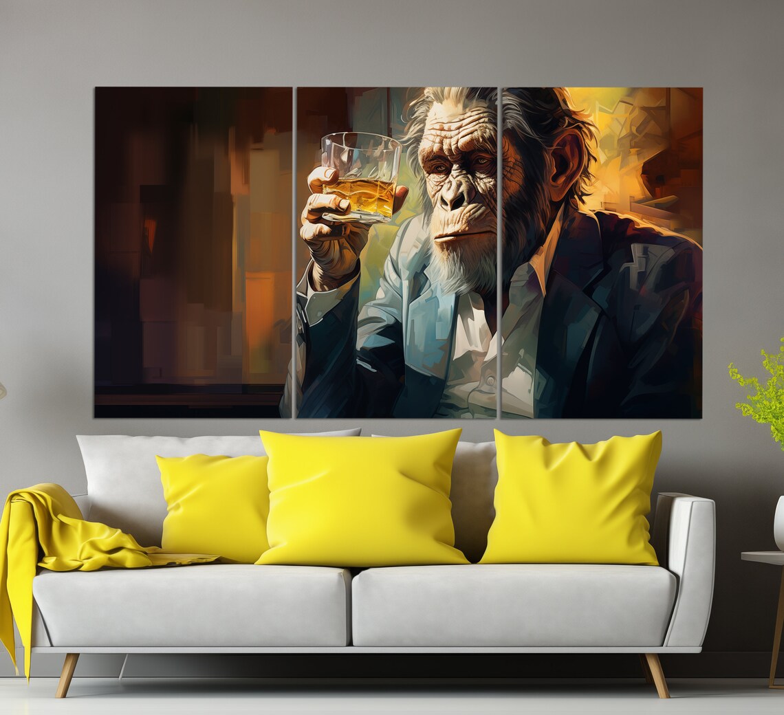 Chimpanzee In Suit Holding Glass Of Whiskey Humorous Office Bar Wall Art - Image 5