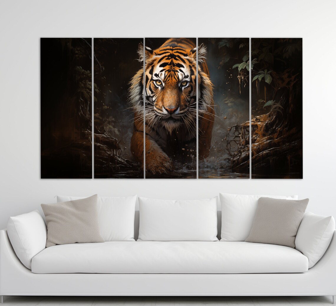 Majestic Tiger Dark Jungle Stream Intense Eyes Oil Painting Style Poster - Image 2