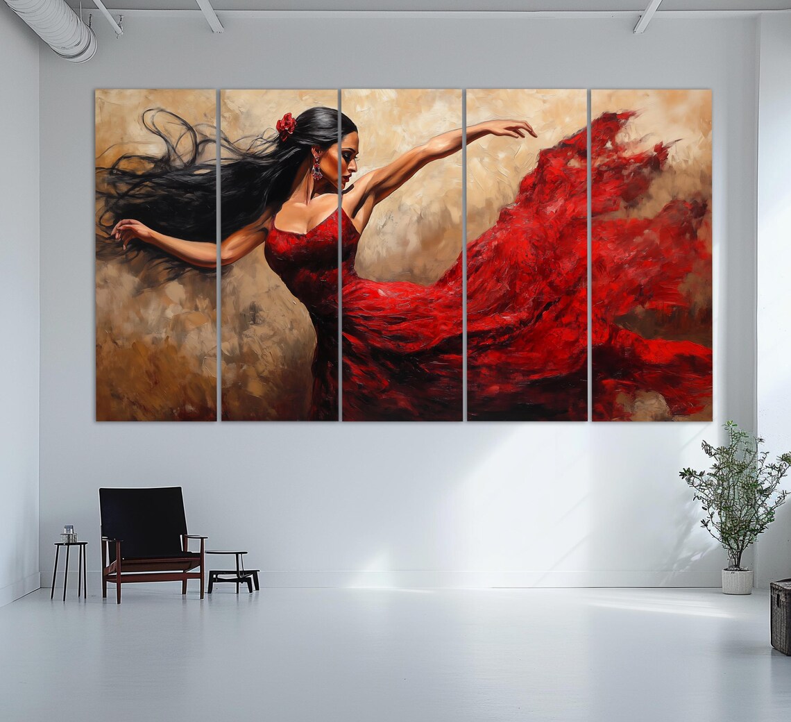 Passionate Flamenco Dancer Flowing Red Dress Dramatic Oil Painting Poster - Image 2