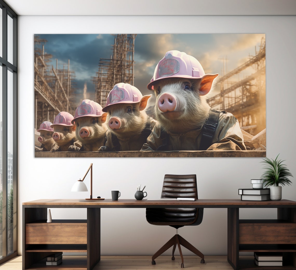 Funny Pigs In Pink Hard Hats Construction Crew Cute Humor Art Poster