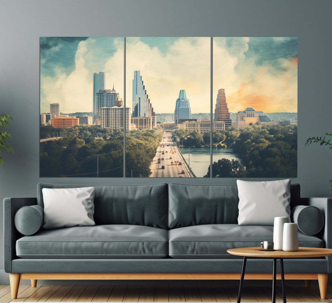Austin Texas Skyline Bridge River Vintage Downtown City Poster - Image 3