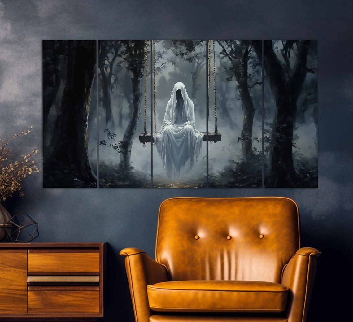 White Ghost Sitting On Swing In Misty Dark Forest Gothic Melancholy Poster - Image 2