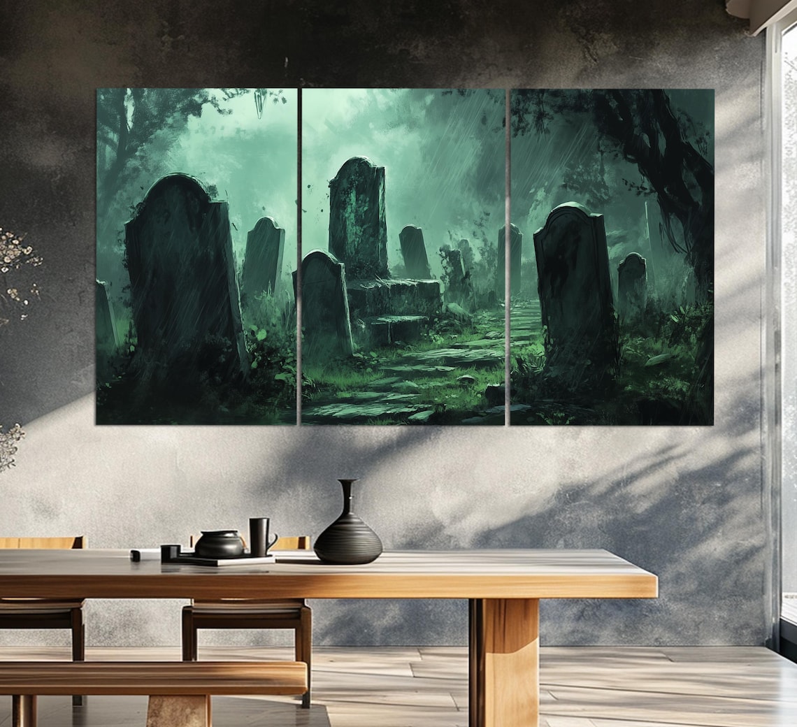 Misty Green Graveyard Old Tombstones Eerie Gothic Horror Atmosphere Poster - Image 6