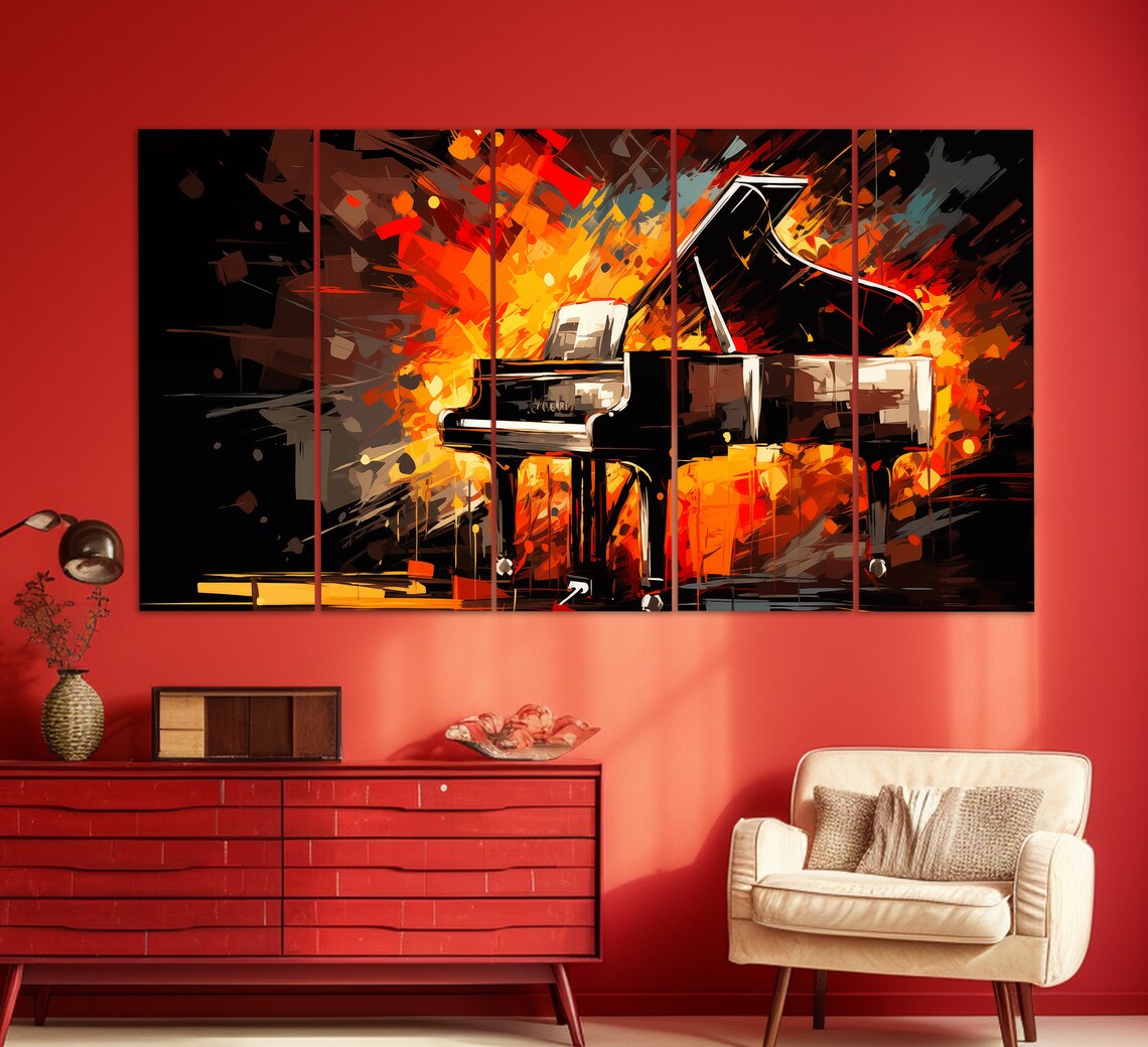 Grand Piano Fiery Red Orange Abstract Brushstroke Music Lovers Wall Art - Image 3