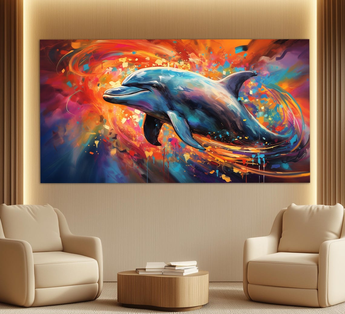 Dolphin Leaping Multicolor Abstract Swirl Vibrant Oil Painting Poster