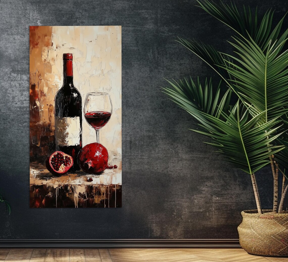 Red Wine Bottle Glass and Pomegranate Still Life Oil Painting Poster