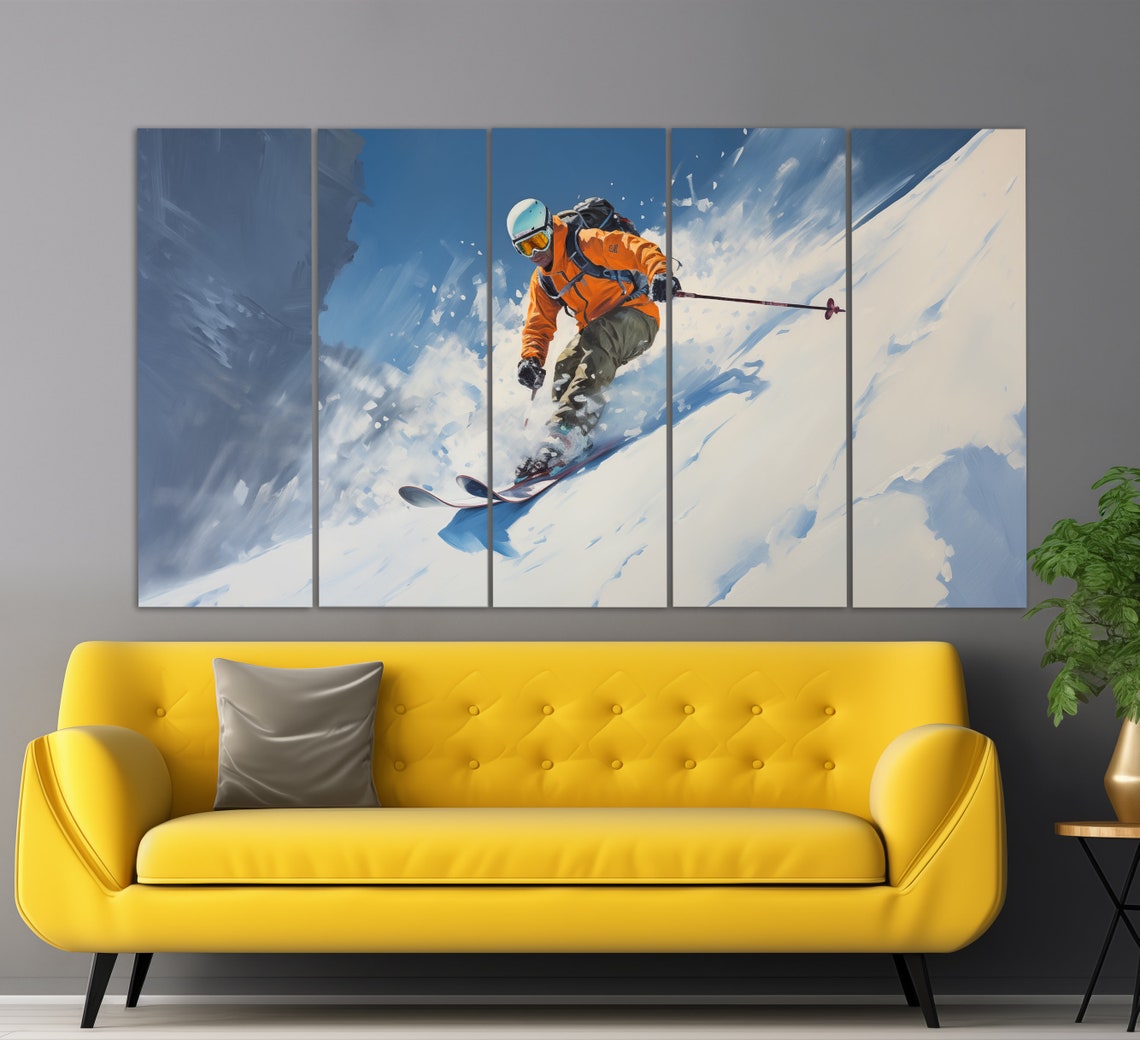 Freeride Skier Powder Slope Orange Jacket Blue Sky Oil Painting Poster - Image 5