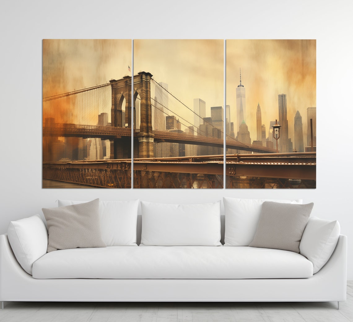 Brooklyn Bridge Sunset New York City Skyline Vintage Painting Poster - Image 3