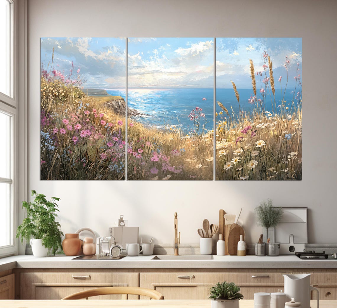 Wildflowers on Cliffs Soft Coastal Seascape Art Golden Hour Poster - Image 3