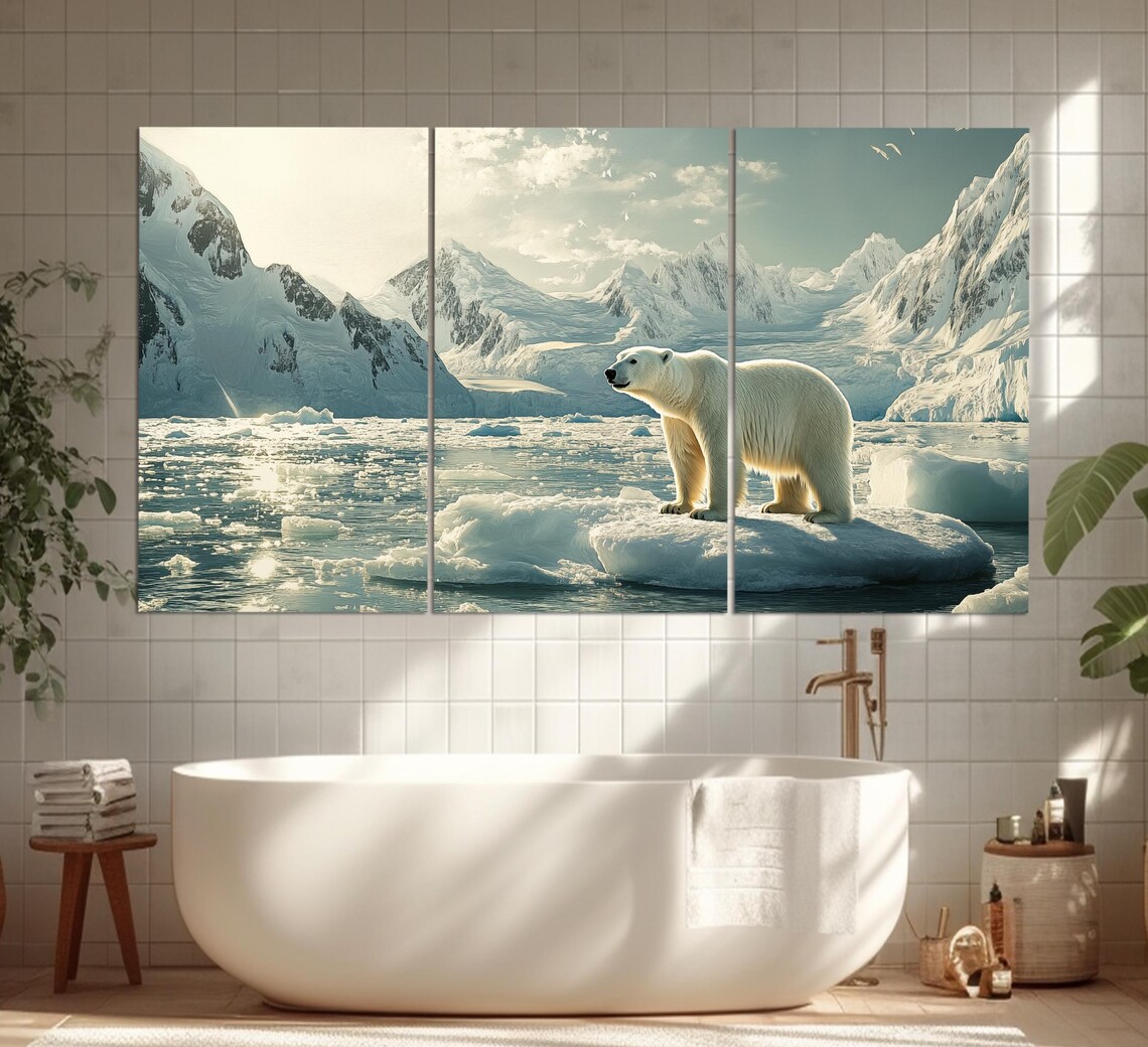Polar Bear Standing On Ice Floe Arctic Mountain Fjord Scenic Wildlife Poster - Image 2