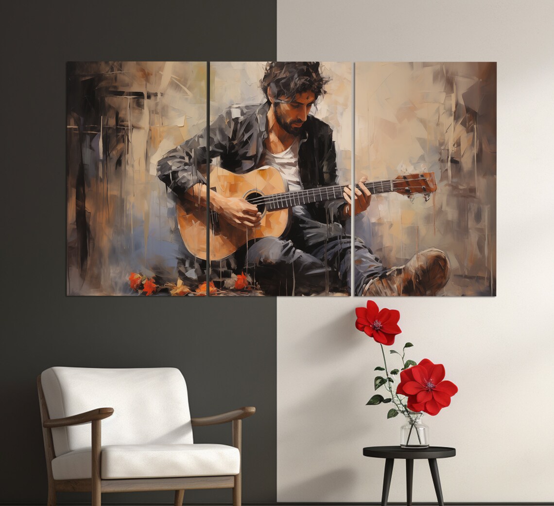 Abstract Street Musician Playing Guitar, Vintage Art Print - Image 2