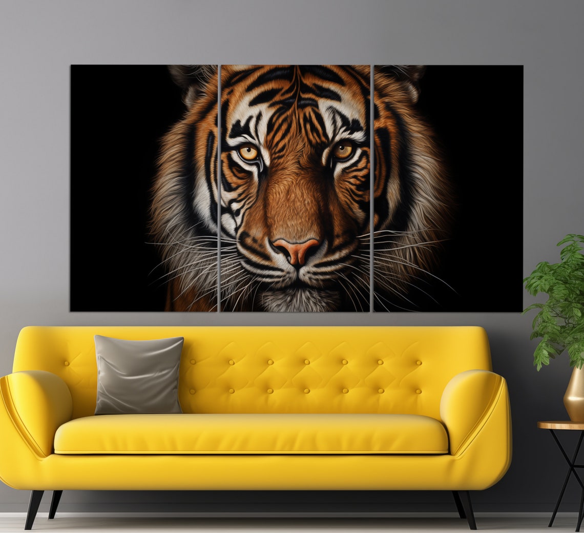 Majestic Tiger Face Close Up Golden Eyes Dark Background Art Poster - Image 2