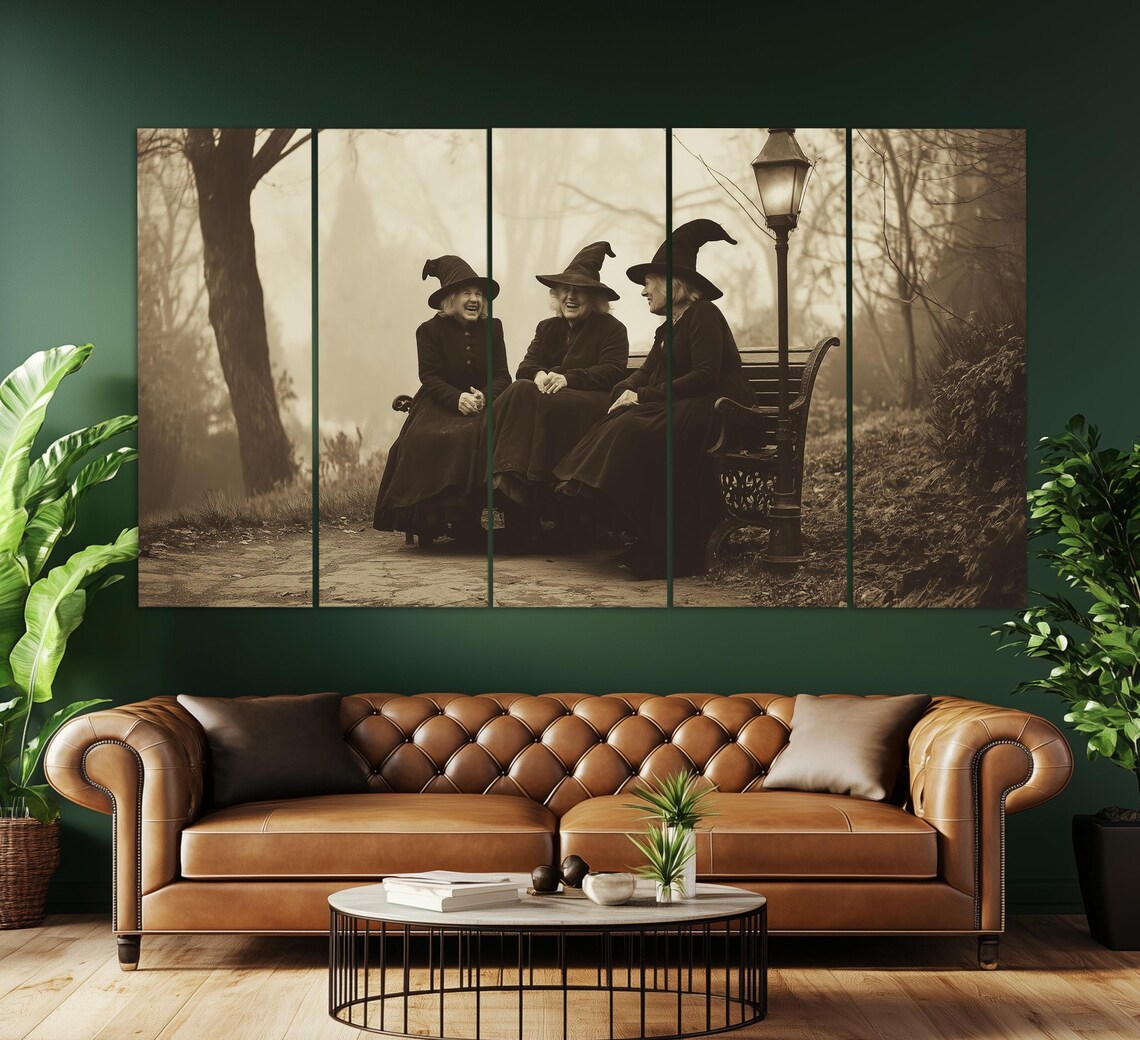 Three Old Witches Park Bench Foggy Forest Vintage Photo Style Gothic Poster - Image 2