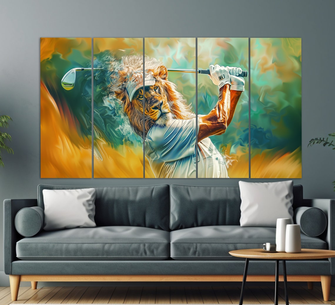 Lion Playing Golf Humorous Painting Golf Club Fan Gift Wall Art Poster - Image 2