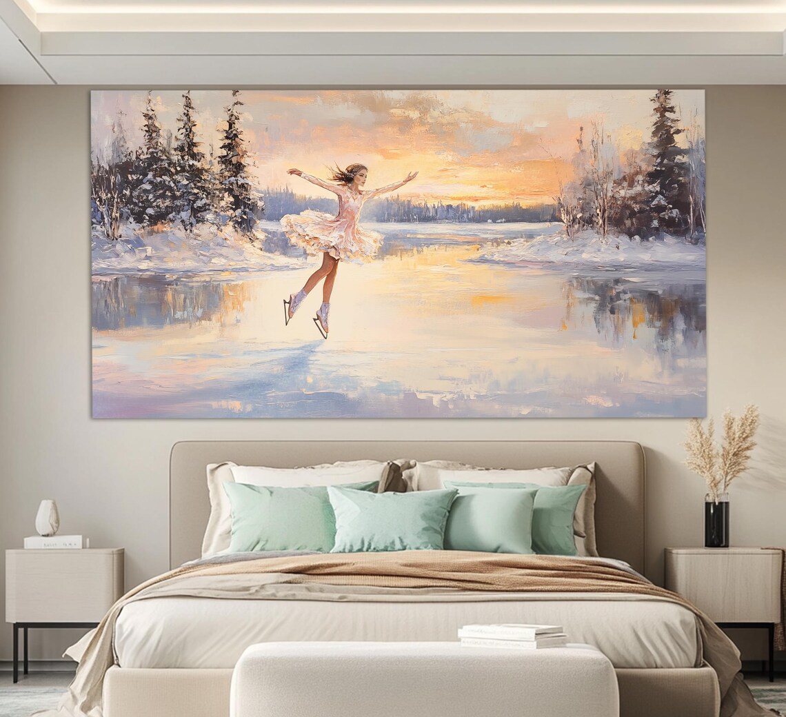Figure Skating Wall Art Figure Skater On Winter Lake Print In An Vintage Oil Painting Style Figure Skating Poster - Image 4