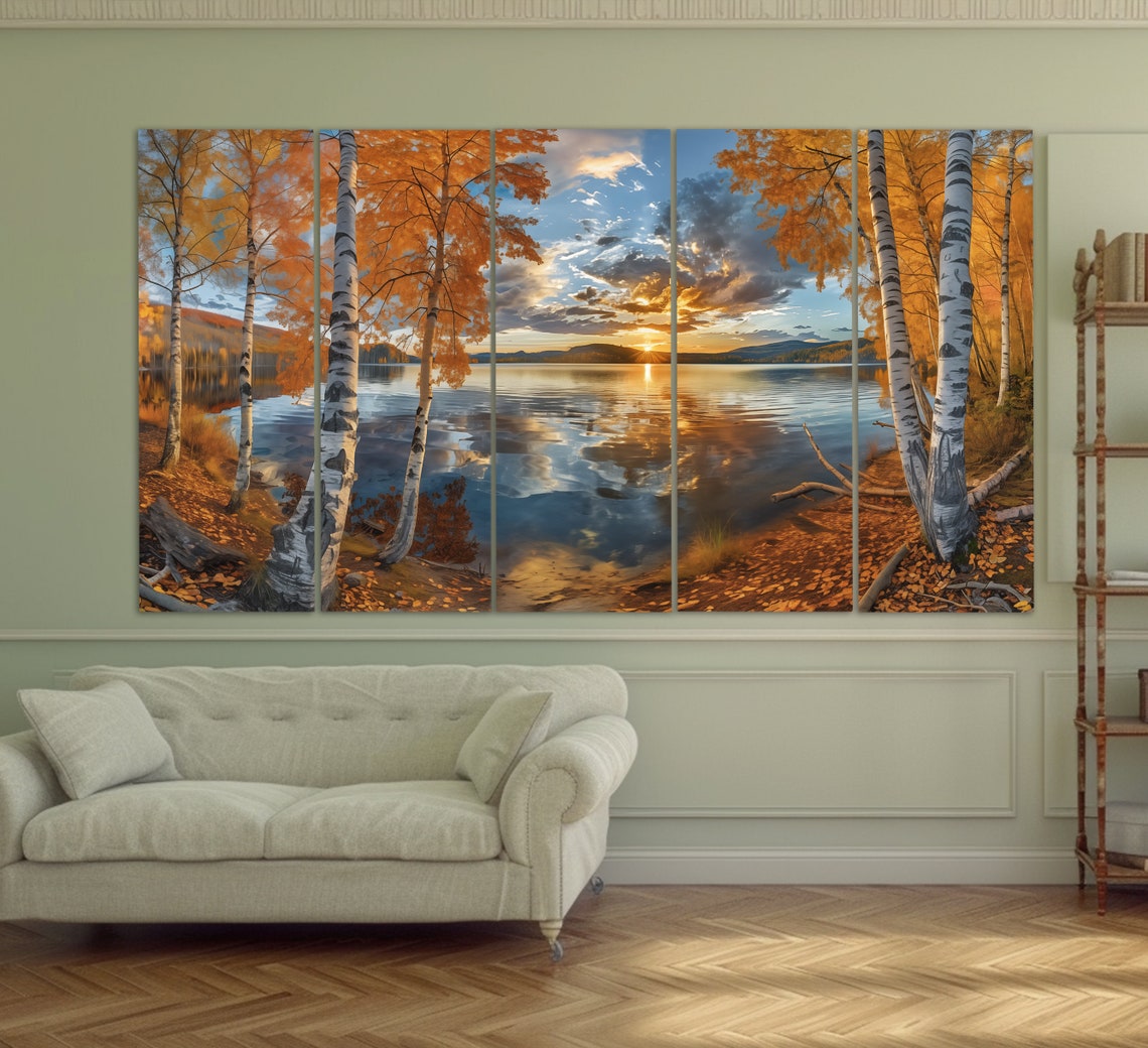 Golden Autumn Birch Forest Lake Reflection Painting Nature Art Poster - Image 2