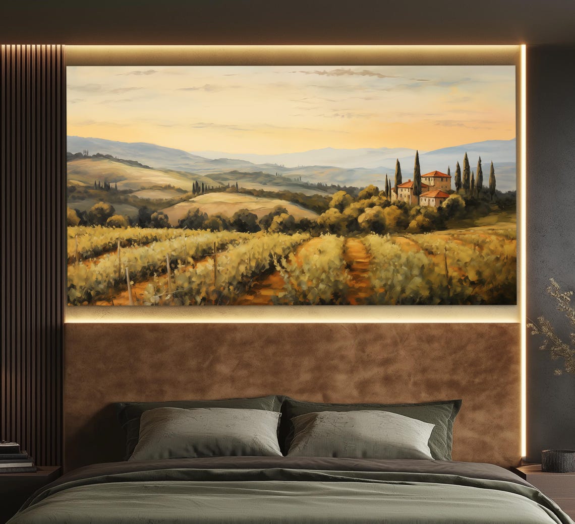 Tuscan Vineyard Sunset Rolling Hills Villa Italy Landscape Poster