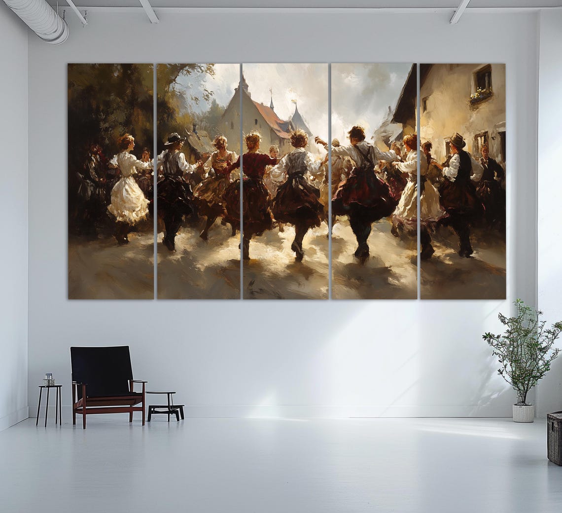 Bavarian Folk Dancers Dancing Village Square Retro Oil Painting Poster - Image 3