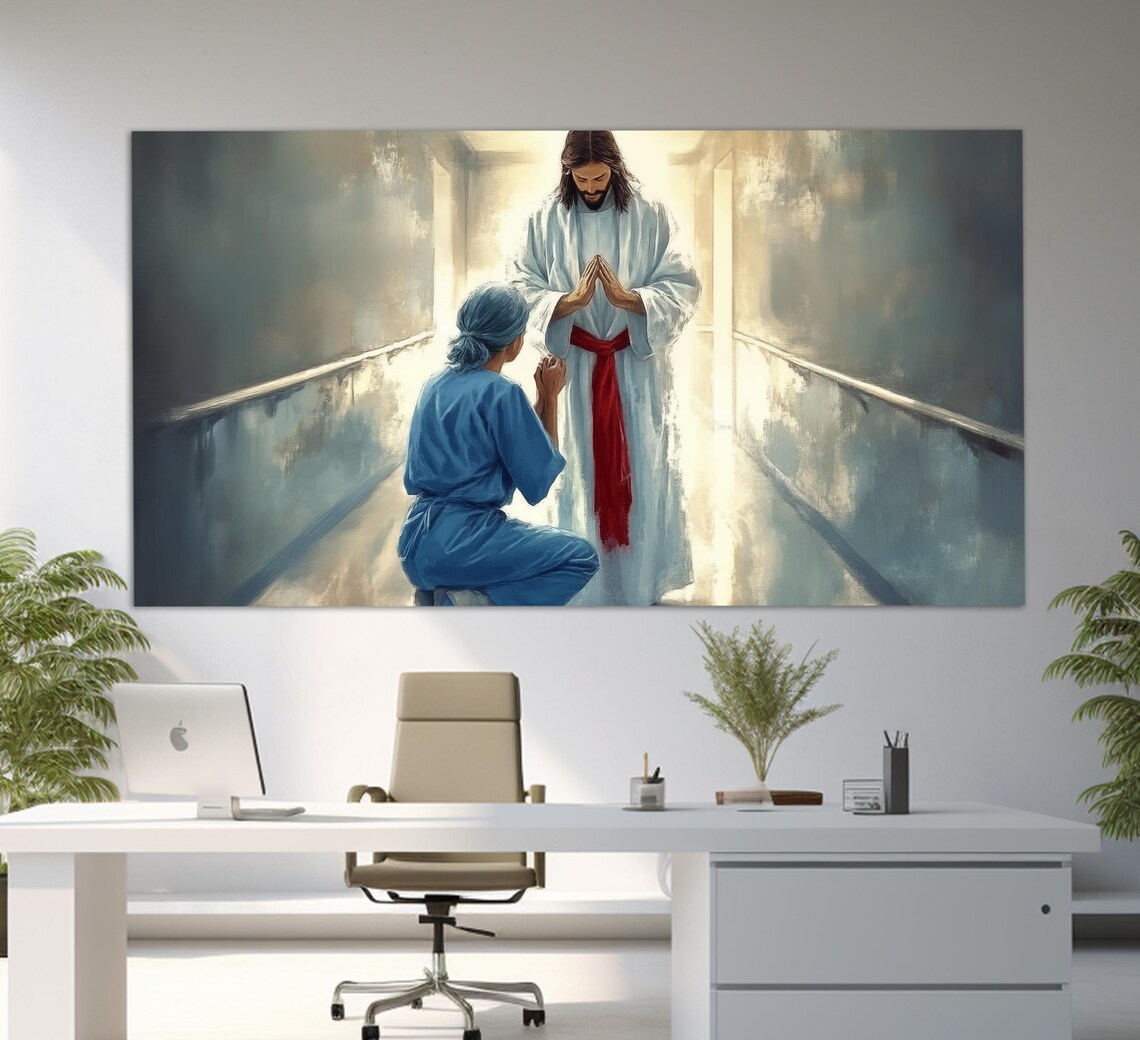 Doctor Praying With Jesus Christ Hospital Hallway Faith Art Poster
