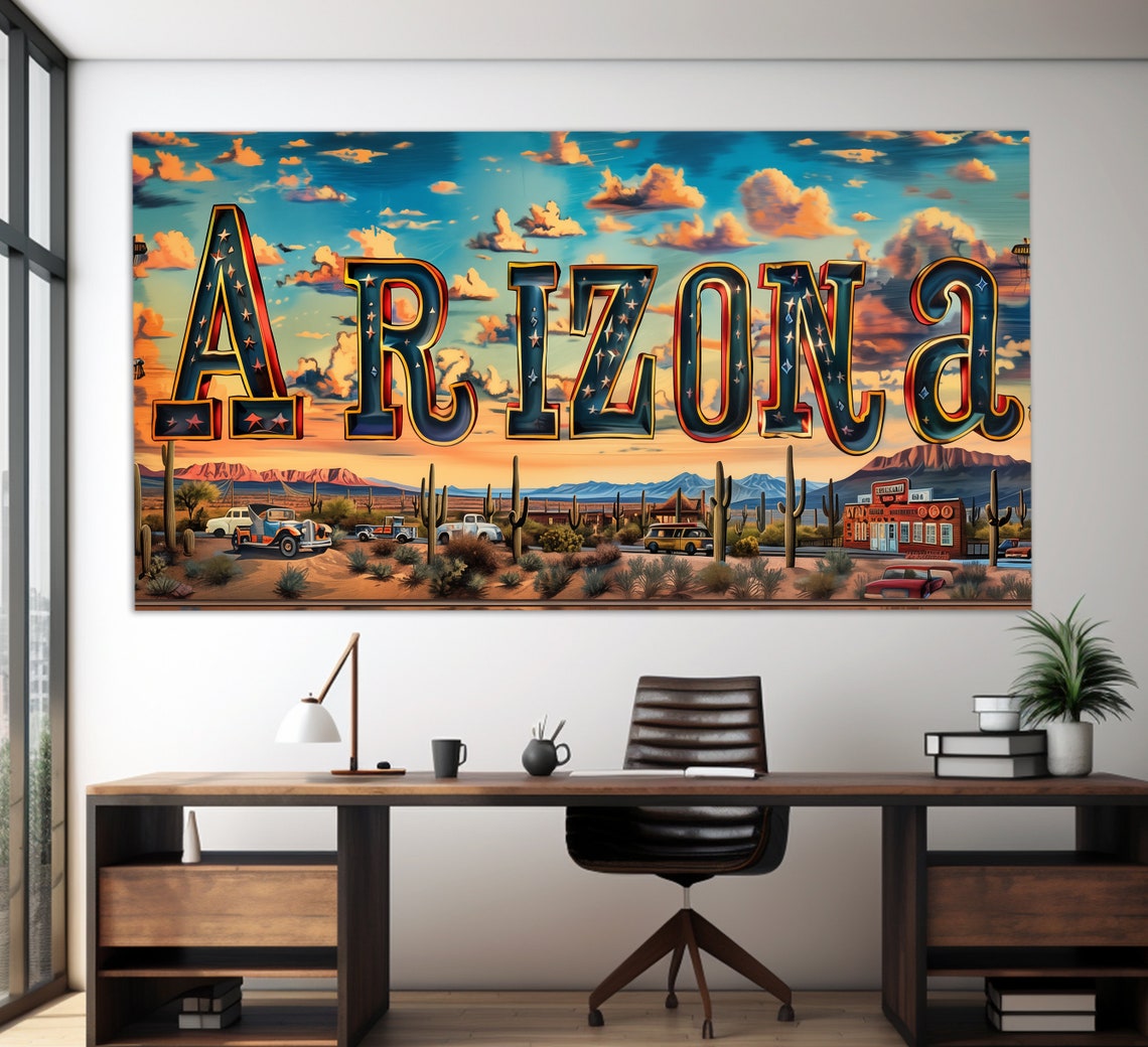Arizona Sign Print In A Vintage Oil Painting Style Abstract Arizona Wall Art Arizona Desert Painting Modern Arizona Art