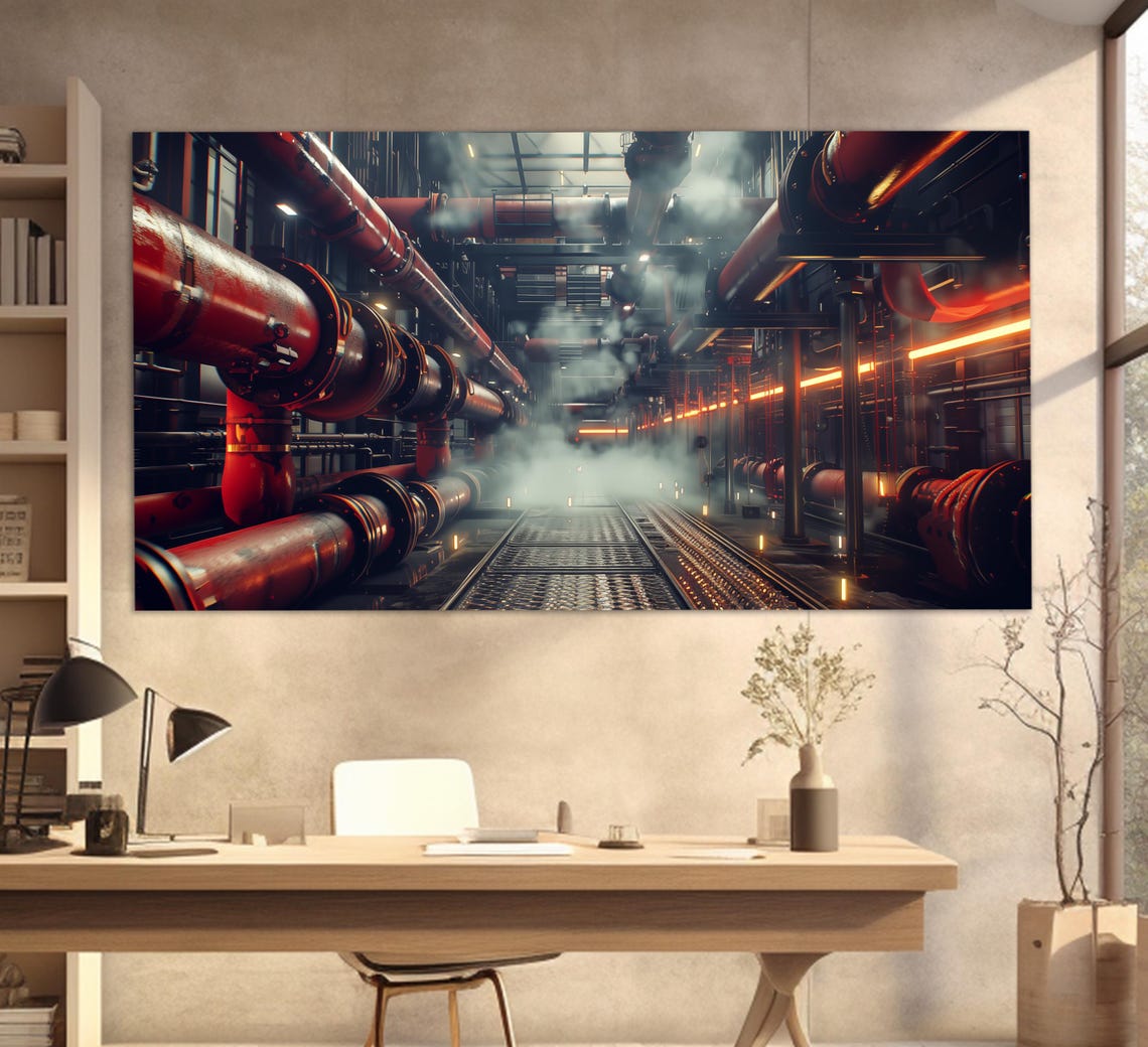 Dark Industrial Pipes Corridor Steam Orange Lights Moody Wall Art - Image 4