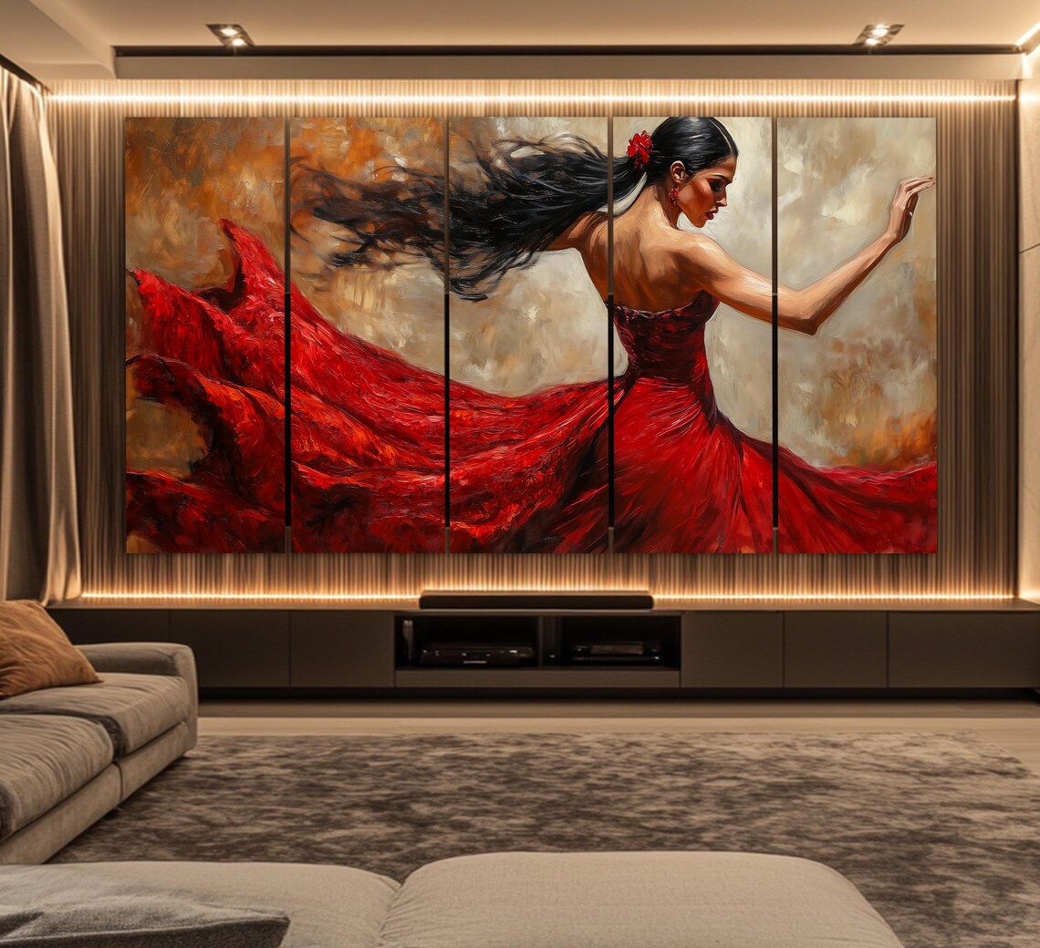 Flamenco Dancer Flowing Red Dress Twirling Motion Oil Painting Style Poster - Image 2