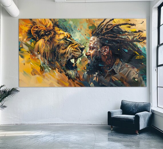 Roaring Lion Facing Man With Dreadlocks Abstract Wild Encounter Art Poster